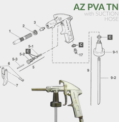 Схема в разборе Air Gunsa AZ PVA TN &mdash; позиция 1, наружное сопло W2012240600 &mdash; оригинальная деталировка производителя
