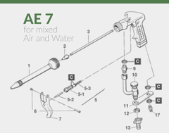 Схема запчастей Air Gunsa AE7 (каталог AIRGUNSA 2025): узел сопла и клапанов в разборе &mdash; наружное сопло (1), форсунка (2), соединение сопла (3), сливной клапан (10) и соединительный шланг (13).