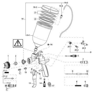 Схема запчастей Air Gunsa AZ3 HTE P.A.S. Concept &mdash; воздушная головка (поз. 1) в сборе, на месте установки в пистолете