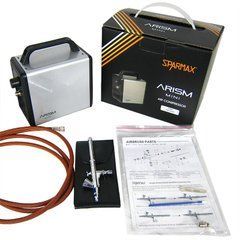 Sparmax ARISM MINI Airbrush Set &mdash; набор в комплекте: мини-компрессор ARISM MINI (Star Silver) с оригинальной упаковкой, аэрограф в чехле, оплётенный шланг 2 м и инструкция